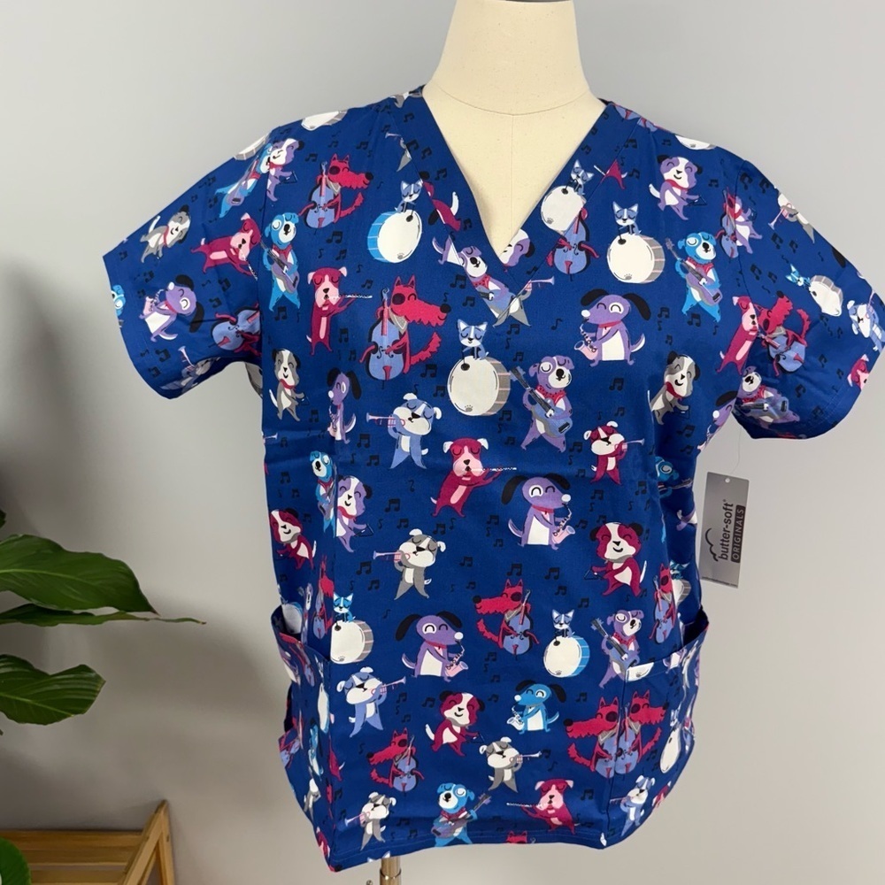 NWT Buttersoft Scrub Top XL Royal Blue Dog Jazz Band Cotton Scrubs Dogs Music